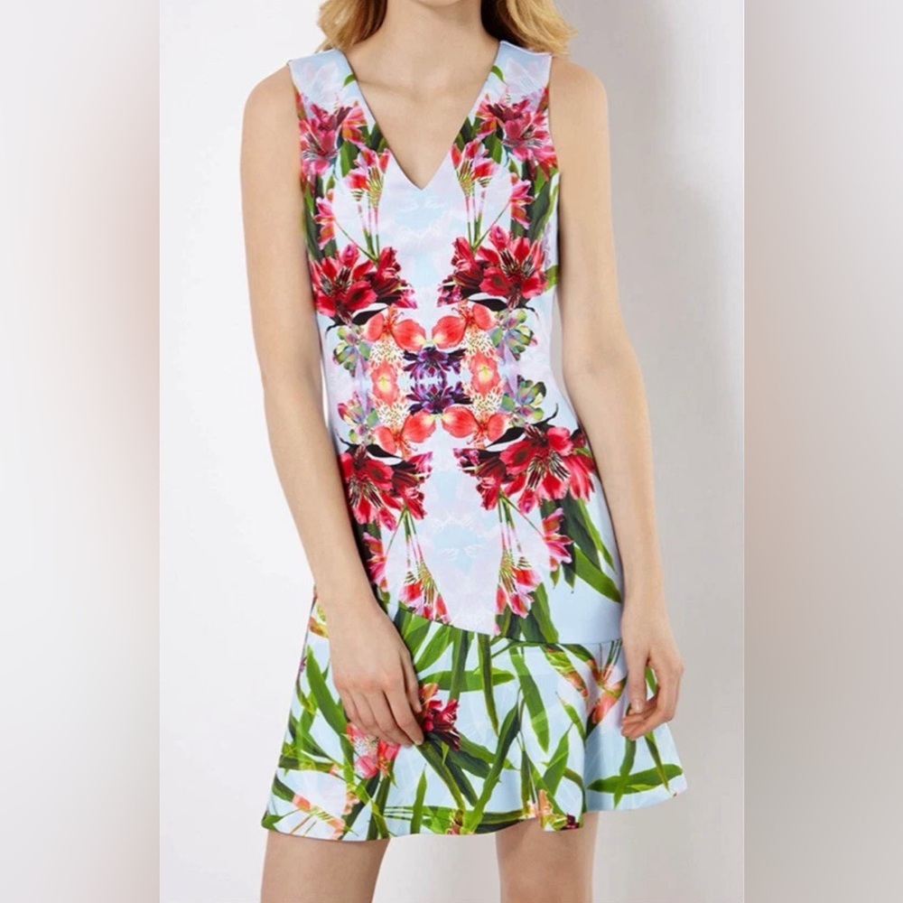 Karen Millen Tropical Floral Mirror Print Mini Dress Size 4